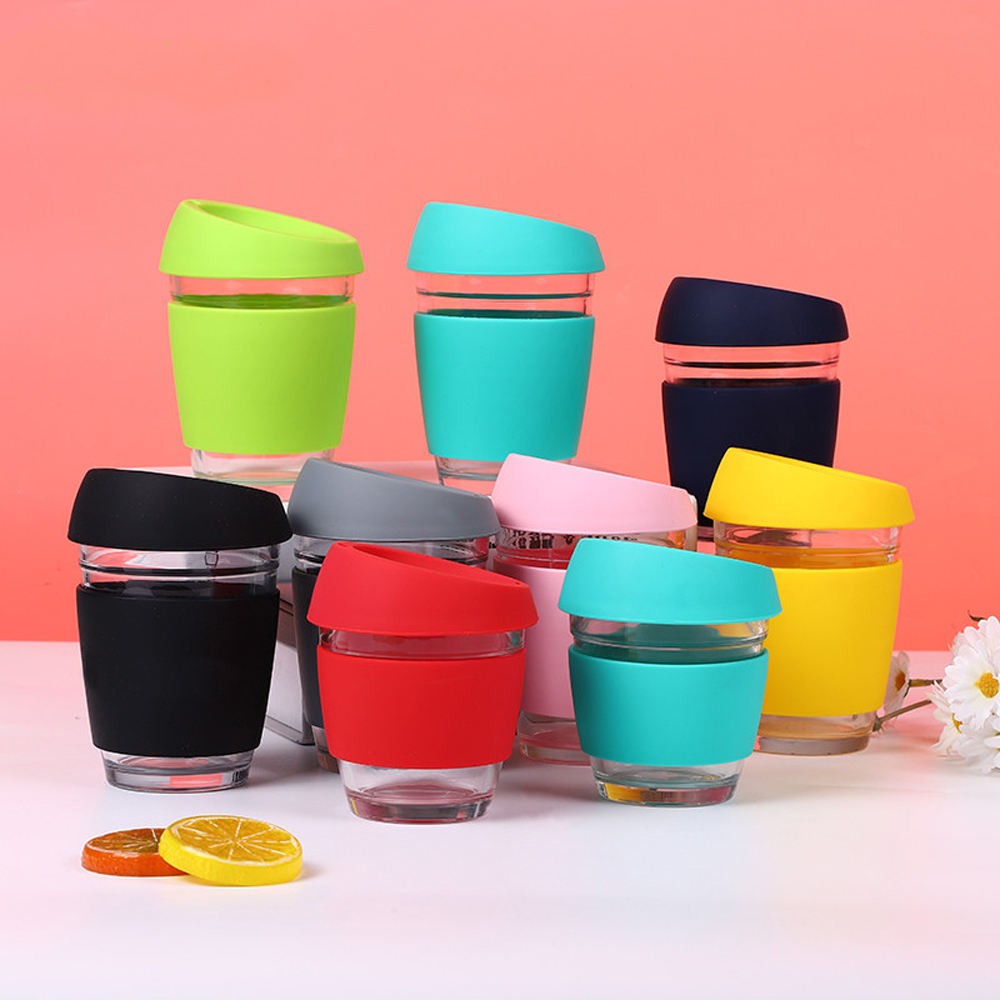 Wholesale Glass Drinking Cup Water Bottle Pink Green Girl 350ml Mug Tumbler Coffee Cup With Silicone Lid