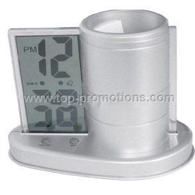 LCD clock with pen holder