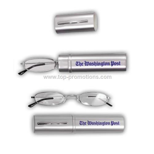 Reading glasses in silver plastic carrying case wi
