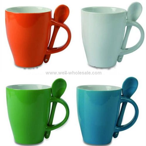 Color glazed ceramic coffee mug with spoon