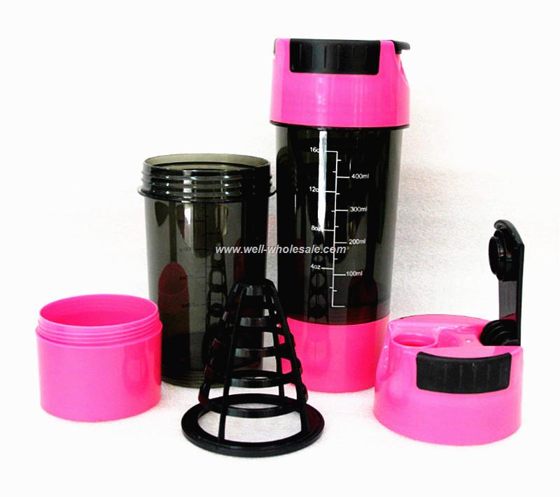 2015 Hot 3 in 1 Protein Cup Sports Water Bottle Pink 600ml Protein Shaker