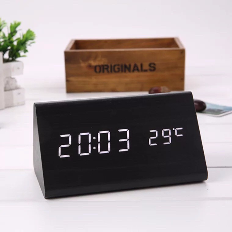 Digital LED Wooden Desk Alarm Clock With Snooze Timer Thermometer