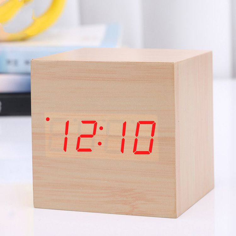 Wood Wooden Cube Digital LED automic clock Light Desk Alarm Clock USB Timer Temperature Voice Sound Control Antique Table Clock