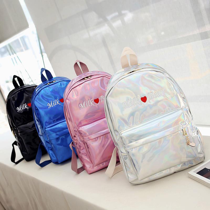 Fashion Women Backpack Silver Laser Hologram Shoulder PU School Bag