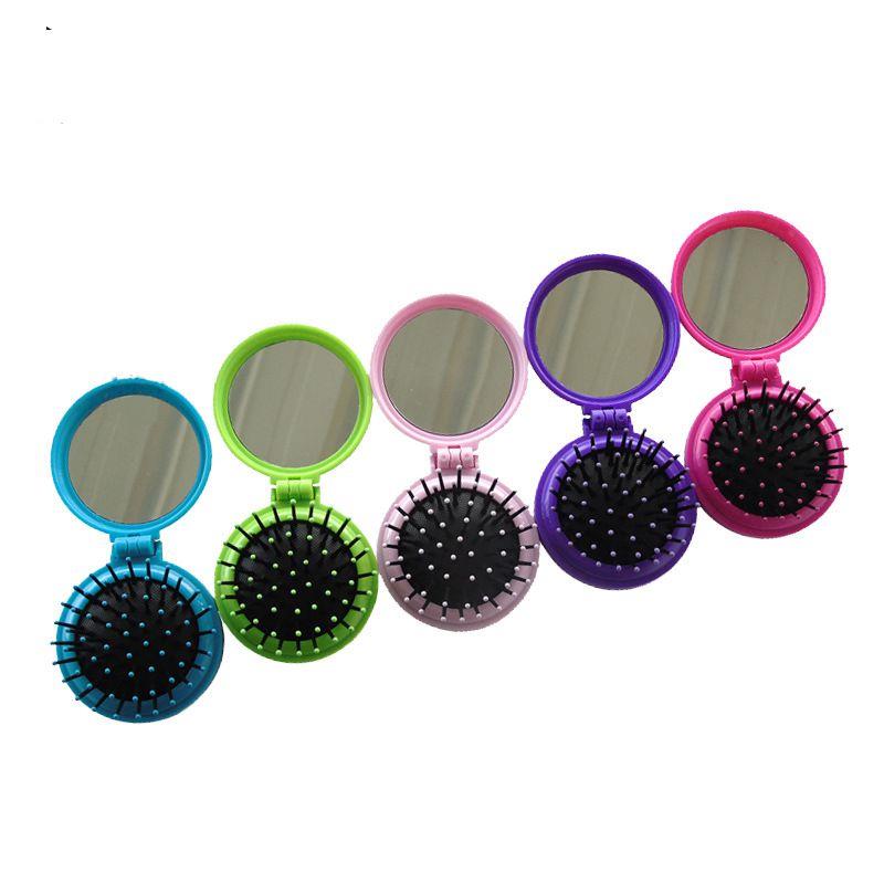 Portable round folding airbag massage plastic comb with makeup mirror