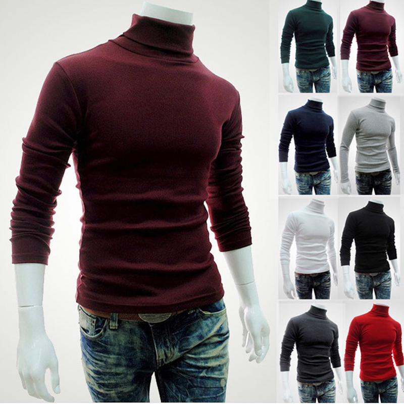 Sleeve Plain High Collar Sweater Pullover Turtleneck Sweater for Men