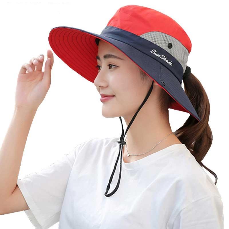 UV Protection Ponytail Hats For Women Kids Bucket Hat With String