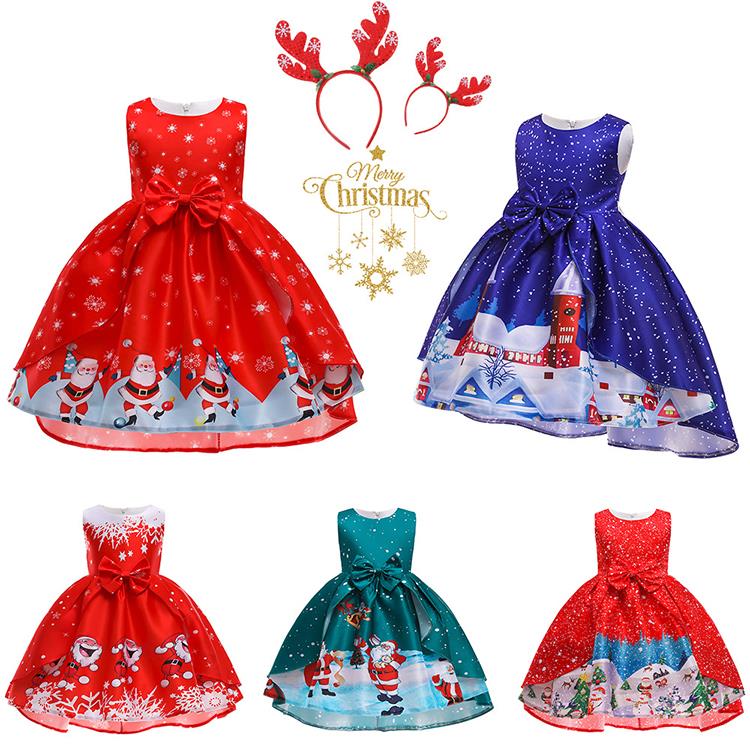 Christmas Dress Floral Princess Satin Print Bow Front Long Girl performance dress