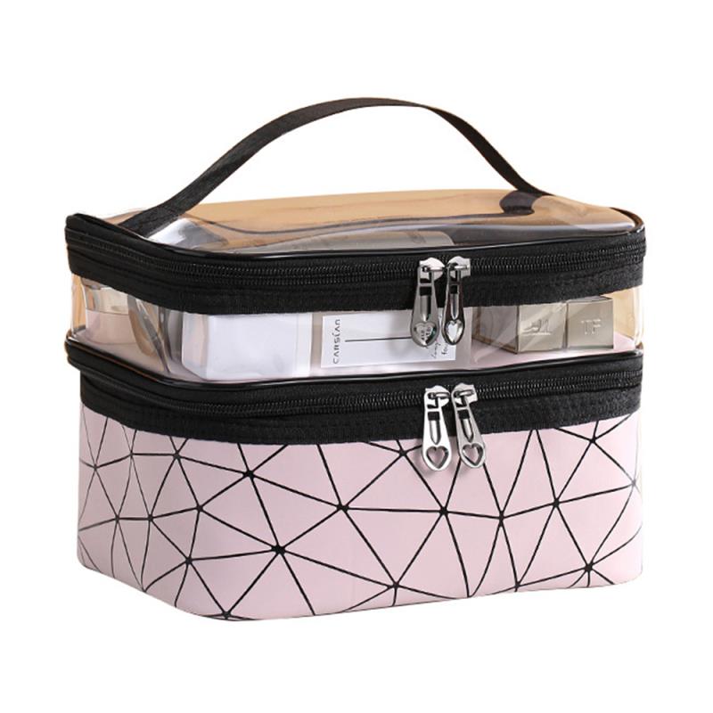 Plaid Leather Makeup Bag Cosmetic Storage Case Portable Travel Kit For Women