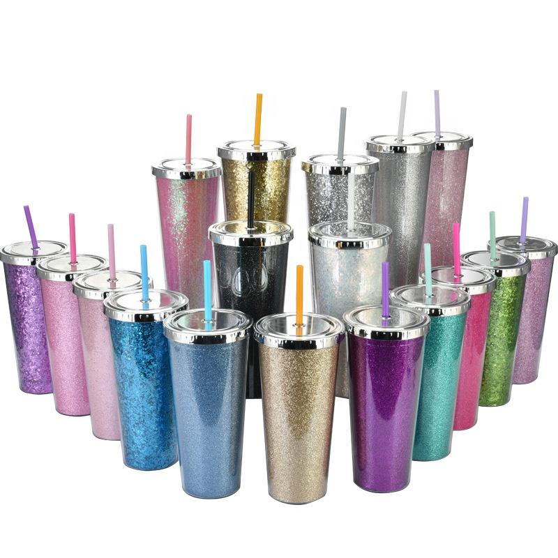 24oz Custom Glitter Plastic Tumbler, Insulated Plastic acrylic Double Wall Straw Mug