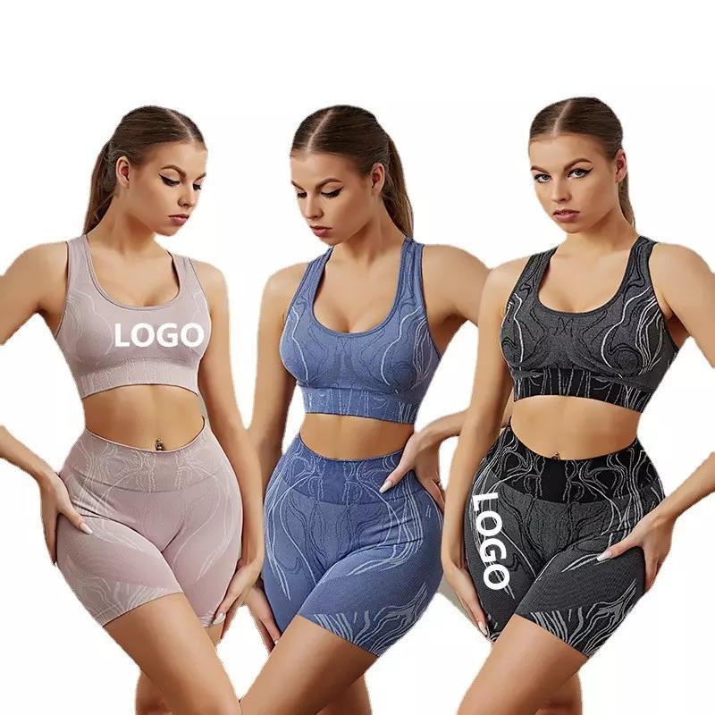 2022 Custom Logo OEM Women Print High Waist Fitness Gym Wear Workout Suit Sport Bra And Shorts Yoga Set
