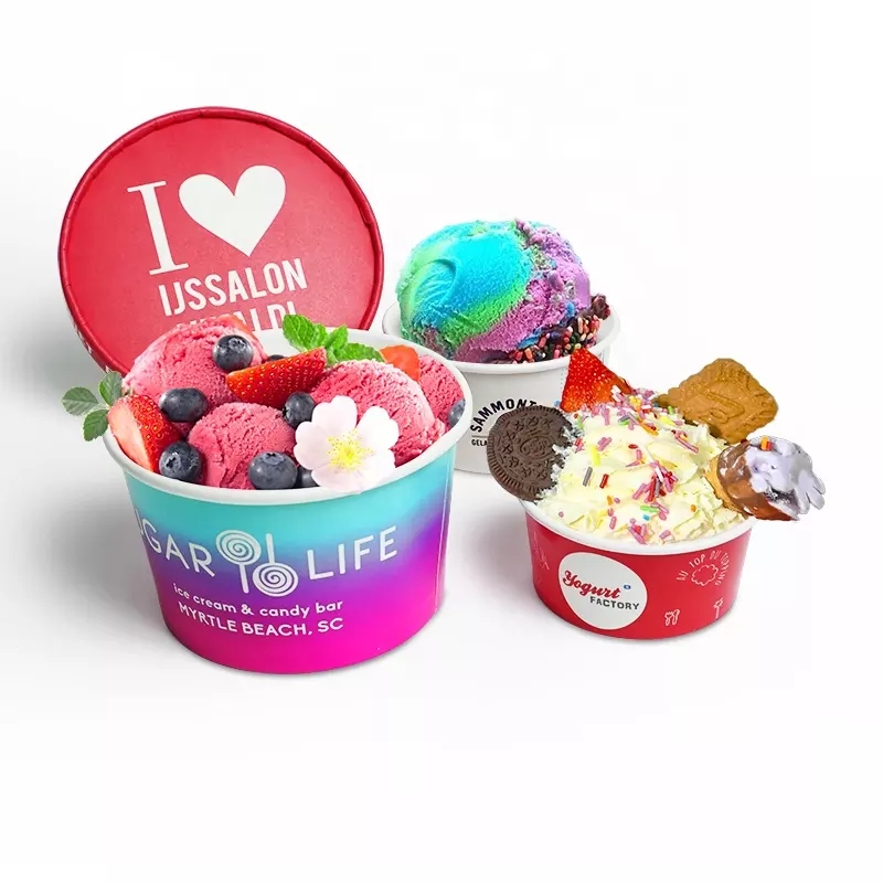 Custom Logo Printed Ice Cream Cup Frozen Yogurt Gelato Bowls 3/4/5/8/12/16OZ Disposable Single Wall Paper Cup With Lid And Spoon