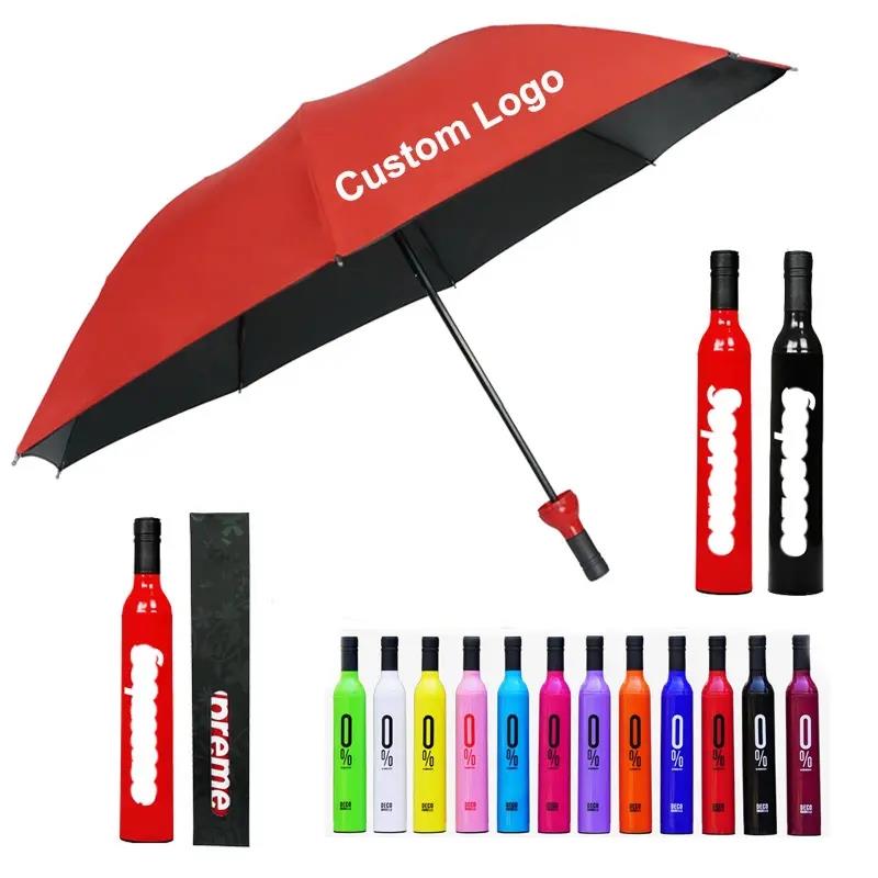 Promotional Wholesale Gifts Advertising Beer Wine Water Bottle Shape Rain Folding Umbrellas With Custom Logo