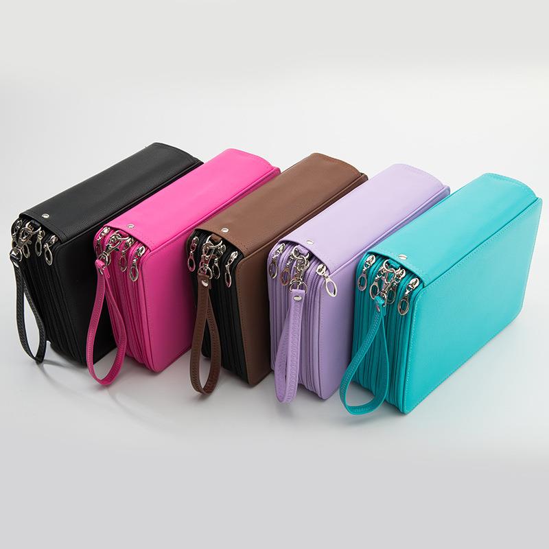 Large Capacity 200 Slots PU Leather Pencil Case Bag with Zipper Removal Handle Strap Color Pencil Box Holder